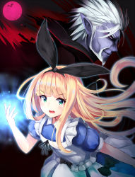 Rule 34 | 1boy, 1girl, apron, black bow, black hairband, black ribbon, blonde hair, blue dress, blush, bow, closed mouth, colored skin, commentary, dress, facial hair, fingernails, full moon, gilzaren iii, glowing, glowing eyes, goatee, green eyes, hair ribbon, hairband, hand up, highres, irohara, long hair, looking at viewer, mononobe alice, mononobe alice (1st costume), moon, nijisanji, open mouth, pink moon, pointy ears, puffy short sleeves, puffy sleeves, purple skin, ribbon, short sleeves, silver hair, smirk, spiked hair, teeth, upper teeth only, v-shaped eyebrows, very long hair, virtual youtuber, white apron