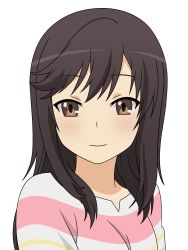 Rule 34 | 1girl, absurdres, artist request, black hair, blouse, breasts, brown eyes, brown hair, highres, ichijou hotaru, long hair, long sleeves, non non biyori, shirt, small breasts, smile, solo, source request, striped clothes, striped shirt, transparent background, upper body, vector trace, white background