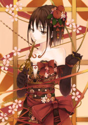 Rule 34 | 1girl, amamiya chiharu, bad id, bad pixiv id, bare shoulders, beads, bell, black gloves, black hair, blush, bow, brown eyes, collarbone, elbow gloves, floral print, flower, gloves, gradient hair, hair bell, hair flower, hair ornament, holding, jingle bell, letter opener, looking away, looking to the side, multicolored hair, nose, original, red bow, sash, short hair, short hair with long locks, solo