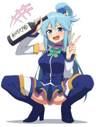 Rule 34 | 1girl, aqua (konosuba), arm up, ass, bare shoulders, blue eyes, blue hair, blue skirt, blue thighhighs, blush, boots, bottle, bow, bowtie, breasts, detached sleeves, drooling, gem, green bow, green bowtie, hair between eyes, hair ornament, hair rings, hand up, high heels, holding, holding bottle, kono subarashii sekai ni shukufuku wo!, large breasts, long hair, miniskirt, open mouth, salpin, simple background, skirt, smile, solo, squatting, thighhighs, v, white background, white sleeves, white thighhighs