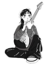 Rule 34 | 1girl, bad source, baggy clothes, baggy pants, black nails, blush, choppy bangs, commentary, ear piercing, earrings, electric guitar, greyscale, guitar, highres, holding, holding guitar, holding instrument, instrument, jewelry, kininatteru hito ga otoko ja nakatta, koga mitsuki, looking up, medium hair, mole, mole under eye, monochrome, multiple rings, nakedcorey, pants, piercing, ring, shoes, sitting, sneakers, solo, spanish commentary, sweater, white background