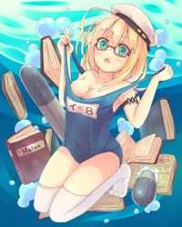 Rule 34 | 1girl, air bubble, blonde hair, blue eyes, book, breasts, bubble, cleavage, glasses, hat, highres, i-8 (kancolle), kantai collection, low twintails, medium breasts, name tag, ocean, one-piece swimsuit, open mouth, peaked cap, red-framed eyewear, sailor hat, school swimsuit, semi-rimless eyewear, solo, swimsuit, thighhighs, torpedo, twintails, underwater, white thighhighs, woruta (soloistlist)