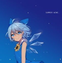 Rule 34 | 1girl, ahoge, blue background, blue bow, blue dress, blue eyes, bow, cirno, closed mouth, dress, english text, flower, from side, hair between eyes, hair bow, highres, ice, ice wings, looking at viewer, miebao, short hair, sleeveless, smile, solo, sunflower, tanned cirno, touhou, upper body, wings