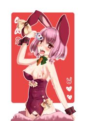 Rule 34 | animal ears, breasts, carrot, fake animal ears, heart, heart-shaped pupils, highres, leotard, march hare (monster girl encyclopedia), monster girl, monster girl encyclopedia, open mouth, pink hair, playboy bunny, pussy juice, rabbit ears, red eyes, symbol-shaped pupils, tea, teeth, tongue