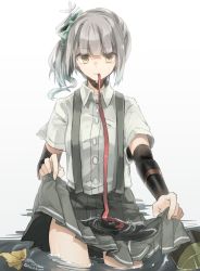 Rule 34 | 10s, 1girl, arm warmers, chibirisu, floating, gradient background, grey hair, hair ornament, hair ribbon, hat, imperial japanese navy, kantai collection, kasumi (kancolle), long hair, pleated skirt, ponytail, ribbon, school uniform, side ponytail, skirt, skirt hold, solo, suspenders, tears, twitter username, wading, water, wet, yellow eyes