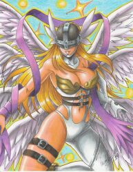 Rule 34 | 1girl, 2019, absurdres, angel, angel girl, angel wings, angewomon, armor, armpits, artist name, belt, belt buckle, blonde hair, bodysuit, boobplate, breastplate, breasts, buckle, cleavage, clothing cutout, covered collarbone, cowboy shot, digimon, digimon (creature), feathered wings, flying, gloves, grin, hagoromo, helmet, highres, large breasts, multiple wings, navel, navel cutout, o-ring, o-ring belt, parted lips, ravernclouk design, shawl, smile, solo, thick thighs, thigh strap, thighs, traditional media, white gloves, winged helmet, wings