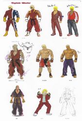 Rule 34 | 1boy, abs, absurdres, alternate costume, ankle wrap, aura, barefoot, belt, blonde hair, bodysuit, boots, capcom, chain, chaps, character sheet, concept art, cowboy boots, cowboy hat, dark-skinned male, dark skin, denim, dougi, facial hair, fingerless gloves, flame print, formal, gloves, gold chain, hat, highres, jacket, jeans, jewelry, ken masters, male focus, martial arts belt, mask, mixed martial arts, multiple views, muscular, neckerchief, necklace, official art, pants, partially colored, scar, shoes, short hair, shorts, sketch, sneakers, street fighter, street fighter iv (series), stubble, suit, superhero costume, tan, topless male, translation request, vest, white background