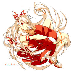 Rule 34 | 1girl, alternate costume, bad id, bad pixiv id, bow, dress, fancybetty, fingerless gloves, fire, fujiwara no mokou, gloves, hair bow, hair ribbon, long hair, looking at viewer, lowres, red eyes, ribbon, sleeveless, solo, touhou, very long hair, white hair