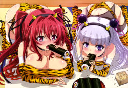 Rule 34 | 10s, 2girls, absurdres, animal print, ass, blush, boots, breasts, bridal gauntlets, butt crack, cleavage, detached sleeves, eating, fake horns, food, food on face, garter belt, grey hair, hairband, highres, horns, large breasts, long hair, looking at viewer, makizushi, mamemaki, multiple girls, naruse maria, naruse mio, non-web source, nyantype, official art, oni horns, panties, pink eyes, purple eyes, red eyes, red hair, ribbon, rice, rice on face, setsubun, shinmai maou no testament, skindentation, sushi, tears, thigh boots, thighhighs, tiger print, tongue, tongue out, two side up, umetsu yukinori, underwear