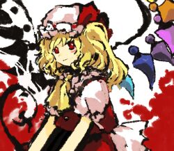 Rule 34 | 1girl, ascot, blonde hair, closed mouth, commentary request, flandre scarlet, hat, hat ribbon, highres, kaigen 1025, mob cap, one side up, puffy short sleeves, puffy sleeves, red eyes, red ribbon, red skirt, red vest, ribbon, short sleeves, sketch, skirt, smile, touhou, upper body, vest, white hair, wings, yellow ascot