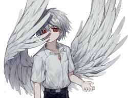 Rule 34 | + +, 1boy, black pants, blouse, collarbone, collared shirt, commentary request, covered mouth, deep (deep4946), feathered wings, hair between eyes, hand up, highres, looking at viewer, male focus, nagisa kaworu, neon genesis evangelion, open collar, pants, red eyes, school uniform, shirt, shirt tucked in, short hair, short sleeves, silver hair, simple background, solo, tokyo-3 middle school uniform, upper body, white background, white shirt, wings
