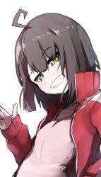 Rule 34 | 1girl, absurdres, ahoge, bad id, bad twitter id, black hair, blush, breasts, commentary request, green eyes, grin, hair between eyes, hand up, head tilt, highres, jacket, long sleeves, looking at viewer, open clothes, open jacket, original, pink shirt, red jacket, shirt, simple background, sleeves past wrists, small breasts, smile, solo, tank top, track jacket, wada kazu, white background
