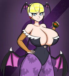 1girl animal_print bad_tag bare_shoulders bat_print bat_wings blonde_hair blue_eyes blunt_bangs breasts bridal_gauntlets cleavage clothing_cutout cosplay covered_navel creatures_(company) darkstalkers elesa_(pokemon) female female_focus game_freak hand_on_own_hip hannya head_wings headphones holding holding_poke_ball huge_breasts large_breasts leotard looking_at_viewer low_wings morrigan_aensland morrigan_aensland_(cosplay) navel nintendo pantyhose poke_ball pokemon pokemon_bw print_legwear purple_background purple_legwear purple_pantyhose short_hair smile thesilentdrawer thick_thighs thighs wide_hips wings