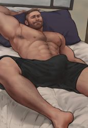 Rule 34 | 1boy, abs, arm hair, arm up, armpits, bara, beard, black shorts, bulge, chest hair, dopey (dopq), erection, erection under clothes, facial hair, foot out of frame, highres, large pectorals, leg hair, looking at viewer, lying, male focus, mature male, muscular, muscular male, mustache, navel, navel hair, nipples, on back, on bed, original, paid reward available, pectorals, presenting armpit, short hair, shorts, solo, stomach, thick eyebrows, topless male, undercut