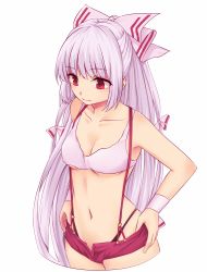 Rule 34 | 1girl, adapted costume, adjusting clothes, adjusting shorts, armpits, bikini, bikini top only, black panties, bow, breasts, cleavage, closed mouth, collarbone, commentary request, cowboy shot, fujiwara no mokou, hair bow, highleg, highleg panties, highres, long hair, medium breasts, miyo (ranthath), navel, open fly, panties, red eyes, shorts, sidelocks, silver hair, smile, solo, stomach, suspender shorts, suspenders, swimsuit, thong, touhou, underboob, underwear, very long hair, white background, white bow, wristband