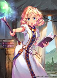 Rule 34 | 1girl, blonde hair, blue eyes, book, company name, copyright name, dress, fire emblem, fire emblem: mystery of the emblem, fire emblem cipher, hmk84, holding, holding book, holding staff, nintendo, official art, open book, open mouth, outstretched arm, short hair, short sleeves, sky, solo, staff, tree, yuliya (fire emblem)
