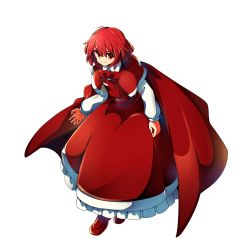 Rule 34 | &gt;:), 1girl, baba (baba seimaijo), cape, closed mouth, full body, highres, long sleeves, looking at viewer, okazaki yumemi, red cape, red eyes, red hair, red skirt, red vest, shirt, short hair, skirt, smile, solo, touhou, touhou (pc-98), transparent background, v-shaped eyebrows, vest, white shirt