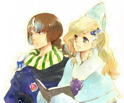 Rule 34 | 1boy, 1girl, blonde hair, blue eyes, blue robe, book, braid, braided ponytail, brown hair, final fantasy, final fantasy iv, final fantasy iv: the after years, green scarf, hair ornament, holding, holding book, jewelry, leonora, long hair, looking at another, looking to the side, palom, pendant, pointy hat, robe, satoo, scarf, smile, striped clothes, striped scarf, two-tone scarf, uninterested, vertical-striped clothes, vertical-striped scarf, white background, yellow scarf