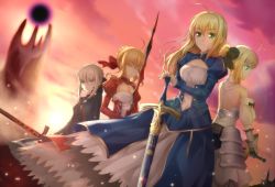Rule 34 | 10s, 1girl, aestus estus, ahoge, armor, armored dress, artoria pendragon (all), artoria pendragon (fate), back, blonde hair, braid, breasts, caliburn (fate), cleavage, cloud, dress, excalibur (fate/stay night), excalibur morgan (fate), closed eyes, fate/extra, fate/stay night, fate/unlimited codes, fate/zero, fate (series), gauntlets, green eyes, hair ribbon, hand on hilt, lens flare, long hair, looking at viewer, medium breasts, nero claudius (fate), nero claudius (fate), nero claudius (fate/extra), planted, planted sword, planted weapon, profile, qiuzhi huiyi, ribbon, saber (fate), saber alter, saber lily, sidelocks, sky, small breasts, sunset, sword, weapon, yellow eyes