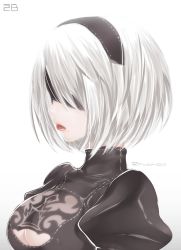 Rule 34 | 1girl, black dress, blindfold, breasts, character name, cleavage, dress, hairband, lips, lipstick, makeup, mole, mole under mouth, mudou eichi, nier (series), nier:automata, parted lips, puffy sleeves, red lips, short hair, solo, twitter username, upper body, white hair, 2b (nier:automata)