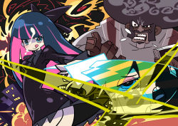 Rule 34 | 10s, 1boy, 2girls, :p, back lace, black dress, blunt bangs, dress, garterbelt (psg), ghost (psg), hime cut, himukai yuuji, holding, holding sword, holding weapon, long hair, long sleeves, looking at viewer, multicolored hair, multiple girls, panty &amp; stocking with garterbelt, panty (psg), stocking (psg), streaked hair, stripes i &amp; ii, sword, tongue, tongue out, transparent, very long hair, weapon