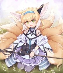 Rule 34 | 1girl, animal ear fluff, animal ears, arknights, black collar, black gloves, blonde hair, blue hairband, blurry, blurry background, blurry foreground, braid, collar, commentary, dress, earpiece, english commentary, flower, fox ears, fox girl, fox tail, frilled dress, frilled sleeves, frills, gloves, green eyes, hairband, highres, holding, holding staff, infection monitor (arknights), kitsune, kyl490, kyuubi, lily of the valley, looking at viewer, material growth, multicolored hair, multiple tails, name connection, object namesake, off-shoulder dress, off shoulder, open mouth, oripathy lesion (arknights), pantyhose, purple dress, purple pantyhose, seiza, short hair, single glove, sitting, solo, staff, suzuran (arknights), tail, two-tone hair, white hair, wrist cuffs