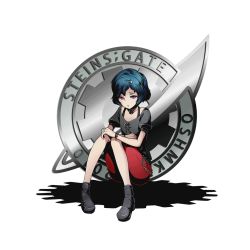 Rule 34 | 10s, alpha transparency, androgynous, black footwear, black ribbon, black shirt, blue hair, breasts, chain, collarbone, copyright name, divine gate, full body, gender request, hair ornament, hairclip, looking down, official art, purple eyes, red shorts, ribbon, shadow, shirt, shoes, short hair, shorts, sitting, solo, steins;gate, transparent background, ucmm, urushibara ruka, wrist ribbon