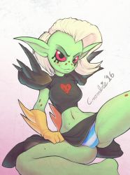 Rule 34 | 1girl, absurdres, arm behind back, armor, artist name, ass, black eyes, black shirt, black skirt, blue panties, blush, breasts, colored sclera, colored skin, crombie, dated, freckles, gloves, green skin, heart, highres, looking at viewer, lord dominator, medium breasts, navel, panties, pointy ears, red sclera, shirt, short hair, short sleeves, shoulder armor, shoulder pads, shoulder spikes, signature, simple background, sitting, skirt, smile, solo, spikes, spread legs, striped clothes, striped panties, text focus, underwear, upskirt, wander over yonder, white background, white hair, white panties, yellow gloves
