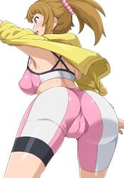 Rule 34 | 1girl, ass, bike shorts, blue eyes, breasts, brown hair, cameltoe, commentary request, covered erect nipples, fat mons, from behind, gundam, gundam build fighters, gundam build fighters try, hair ornament, hair scrunchie, haruhisky, highres, hood, hoodie, hoshino fumina, large breasts, light blush, open mouth, outstretched arms, pink scrunchie, ponytail, profile, scrunchie, short hair, simple background, smile, solo, sports bra, strap gap, sweatdrop, two-tone sports bra, white background, yellow hoodie
