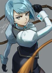 Rule 34 | 1girl, ace attorney, ascot, black gloves, black skirt, black vest, blue hair, closed mouth, dated, earrings, fon-due (fonfon), franziska von karma, gem, gloves, grey background, grey eyes, holding, holding whip, jewelry, juliet sleeves, long sleeves, looking at viewer, mole, mole under eye, pencil skirt, puffy sleeves, serious, shirt, short hair, simple background, skirt, solo, standing, v-shaped eyebrows, vest, whip, white shirt