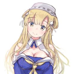 Rule 34 | 1girl, aruka, blonde hair, blue eyes, blue shirt, breasts, cleavage, detached collar, double bun, fletcher (kancolle), fletcher mk ii (kancolle), hair bun, hair ornament, hairband, head tilt, highres, kantai collection, large breasts, long hair, looking at viewer, off shoulder, sailor collar, school uniform, serafuku, shirt, simple background, solo, star (symbol), star hair ornament, upper body, white background, white sailor collar