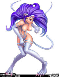 Rule 34 | 00s, 1girl, 2002, 2003, ahoge, animal ears, animal hands, big hair, blue eyes, blue hair, body fur, breasts, capcom, cat ears, cat tail, claws, cleavage, elbow gloves, felicia (vampire), fighting stance, game, gloves, large breasts, lipstick, long hair, makeup, matching hair/eyes, navel, ryu (ryu&#039;s form site), simple background, smile, solo, standing, tail, thigh gap, thighhighs, thighs, vampire (game)