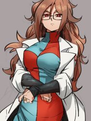 Rule 34 | 1girl, android 21, breasts, checkered clothes, checkered dress, dragon ball, dragon ball fighterz, dress, earrings, glasses, grey background, hair between eyes, hoop earrings, jewelry, kemachiku, lab coat, long hair, long sleeves, looking at viewer, medium breasts, red eyes, red hair, red ribbon army, simple background, solo