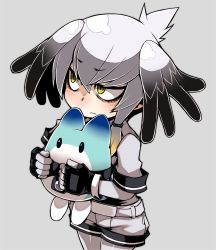 Rule 34 | 10s, 1girl, ayame hashinimasen, black hair, blush, cowboy shot, feathers, gloves, grey background, hair between eyes, half-closed eyes, head wings, hug, kemono friends, long hair, looking at viewer, looking to the side, lucky beast (kemono friends), multicolored hair, necktie, pantyhose, shoebill (kemono friends), short sleeves, shorts, side ponytail, silver hair, simple background, solo, tail, twintails, two-tone hair, wings, yellow eyes