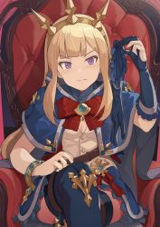 Rule 34 | 1girl, belt, blonde hair, blush, boots, bow, bowtie, breasts, cagliostro (granblue fantasy), cape, chair, cleavage, crossed legs, crown, eyelashes, gloves, unworn gloves, granblue fantasy, hinami (hinatamizu), long hair, partially fingerless gloves, purple eyes, red bow, sitting, solo, spikes, thighhighs, tiara, v-shaped eyebrows, wavy mouth