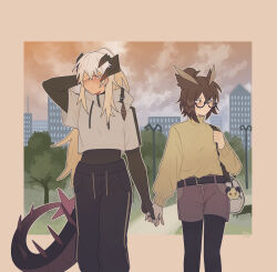 Rule 34 | 2girls, arkiwi, arknights, artist name, bag, black pants, black pantyhose, black shirt, brown background, brown hair, brown shorts, building, city, closed mouth, commentary, dragon girl, dragon horns, dragon tail, english commentary, feather hair, glasses, grey hoodie, highres, holding hands, hood, hoodie, horns, ifrit (arknights), lamppost, layered sleeves, long hair, long sleeves, multiple girls, one eye closed, outdoors, pants, pantyhose, saria (arknights), semi-rimless eyewear, shirt, short over long sleeves, short sleeves, shorts, shoulder bag, silence (arknights), tail, tree, under-rim eyewear, white hair, yuri