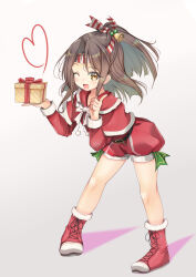 Rule 34 | 1girl, absurdres, bell, blush, boots, box, brown eyes, brown hair, capelet, christmas, commentary request, flower, full body, fur trim, gift, gift box, grey background, hachimaki, hair bell, hair ornament, headband, heart, highres, holding, holding gift, index finger raised, kantai collection, leaning forward, long hair, looking at viewer, one eye closed, open mouth, pom pom (clothes), ponytail, red flower, red shorts, santa costume, shorts, simple background, solo, standing, yashin (yasinz), zuihou (kancolle)