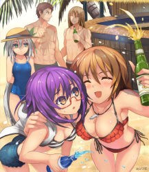 Rule 34 | 2boys, 3girls, abs, akizone, arms behind back, artist name, beach, bikini, blush, bottle, bra, breasts, brown hair, closed eyes, cross, cross necklace, drink, fabulous, glasses, green eyes, hand on another&#039;s shoulder, hat, jewelry, large breasts, long hair, multiple boys, multiple girls, necklace, open mouth, orange eyes, original, palm tree, pointing, purple hair, red-framed eyewear, school swimsuit, semi-rimless eyewear, short hair, shorts, side-tie bikini bottom, silver hair, sparkle, striped bra, striped clothes, swimsuit, tree, under-rim eyewear, underwear, very long hair