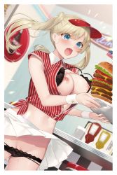 Rule 34 | 1girl, black bra, black panties, blush, border, bra, breasts, breasts out, burger, cheese, cleft of venus, fang, fast food, fingernails, food, groin, hat, highres, holding, holding tray, indoors, ketchup bottle, lace, lace-trimmed bra, lace-trimmed panties, lace trim, large breasts, lettuce, long hair, miniskirt, momi, mustard bottle, nail polish, navel, nipples, non-web source, open clothes, open mouth, open shirt, original, panties, pink nails, pleated skirt, pussy, pussy peek, red hat, red shirt, shirt, short sleeves, sidelocks, skin fang, skirt, solo, striped clothes, striped shirt, table, tray, twintails, unbuttoned, unbuttoned shirt, underwear, vertical-striped clothes, vertical-striped shirt, visor cap, white border, white skirt, wing collar