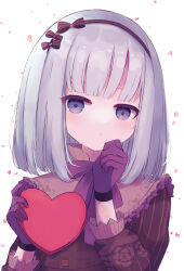 Rule 34 | 1girl, absurdres, blue eyes, bow, bow hairband, box, candle no kaori wa omoide to tomo ni (project sekai), expressionless, future c0v0c, gloves, grey hair, hairband, hand on own chin, heart-shaped box, high collar, highres, holding, holding box, long sleeves, looking at viewer, medium hair, project sekai, solo, upper body, yoisaki kanade