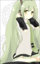 Rule 34 | 1girl, bad id, bad pixiv id, black border, black footwear, black skirt, blush, boots, border, closed mouth, collared shirt, detached sleeves, frown, green eyes, green hair, grey shirt, hair ornament, hands on headphones, hatsune miku, headphones, lace background, long hair, looking at viewer, matching hair/eyes, miniskirt, mono (recall), necktie, pleated skirt, shirt, sitting, skirt, solo, thigh boots, thighhighs, twintails, vocaloid