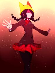 Rule 34 | 1girl, black hair, black pantyhose, bow, bowtie, braid, closed eyes, cloth, collared shirt, feet out of frame, funamusea, gradient background, hair over one eye, highres, kurai yonaka, light particles, long hair, long sleeves, mogeko castle, open mouth, outstretched arms, pantyhose, plaid, plaid bow, plaid bowtie, plaid skirt, pleated skirt, school uniform, shirt, skirt, solo, thighs, tsukimei99, twin braids