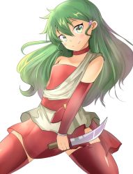 Rule 34 | 1girl, ahoge, aru (arudes), choker, closed mouth, deltora quest, flat chest, green eyes, green hair, jasmine (deltora quest), knife, long hair, looking at viewer, simple background, skirt, smile, solo, thighhighs, white background
