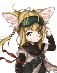 Rule 34 | 1girl, animal ears, arknights, black scarf, blonde hair, closed mouth, commentary request, dress, fox ears, fox girl, goggles, goggles on head, hair tubes, highres, long hair, long sleeves, looking at viewer, nasumikan (nodoame241), official alternate costume, purple dress, scarf, simple background, solo, suzuran (arknights), suzuran (lostlands flowering) (arknights), upper body, white background, yellow eyes