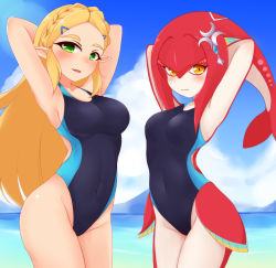Rule 34 | :3, :d, armpits, arms behind head, arms up, ayatori (aytr), bare hips, black one-piece swimsuit, blonde hair, blue sky, blush, braid, breasts, closed mouth, cloud, colored skin, competition swimsuit, covered navel, cowboy shot, crescent, crown braid, day, green eyes, groin, hair ornament, hairclip, highleg, highleg swimsuit, highres, long hair, looking at viewer, medium breasts, mipha, mountainous horizon, nintendo, one-piece swimsuit, open mouth, orange eyes, outdoors, pointy ears, princess zelda, red skin, sidelocks, skin tight, sky, small breasts, smile, swimsuit, the legend of zelda, the legend of zelda: breath of the wild, very long hair, water, white skin