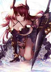 Rule 34 | 10s, 1girl, arm support, bare shoulders, breasts, cleavage, closed mouth, collarbone, dress, forte (shingeki no bahamut), gauntlets, granblue fantasy, hair between eyes, highres, holding, holding weapon, horns, kneeling, large breasts, long hair, looking at viewer, red eyes, shingeki no bahamut, solo, thigh strap, vambraces, weapon, yurika0207