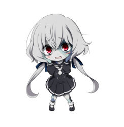 Rule 34 | 10s, 1girl, black dress, black footwear, black sailor collar, blue ribbon, blush, bobby socks, chibi, commentary request, dress, full body, grey hair, grey socks, hair between eyes, hair ribbon, hands on own cheeks, hands on own face, hands up, highres, konno junko, kuena, long hair, looking at viewer, low twintails, open mouth, pleated dress, red eyes, ribbon, sailor collar, sailor dress, shoes, simple background, socks, solo, standing, stitched face, stitched leg, stitches, twintails, very long hair, wavy mouth, white background, zombie, zombie land saga