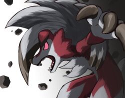 Rule 34 | absurdres, claws, colored sclera, commentary request, creatures (company), game freak, gen 7 pokemon, highres, jira (ziraiya26), lycanroc, lycanroc (midnight), nintendo, no humans, open mouth, pink eyes, pink sclera, pokemon, pokemon (creature), rock, solo, teeth, tongue