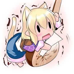 Rule 34 | 1girl, animal ears, bent over, blonde hair, blue skirt, blush, brown shirt, cat ears, cat tail, commentary request, hoshizuki (seigetsu), instrument, mizuhashi parsee, music, open mouth, pink background, playing instrument, pointy ears, puru-see (hoshizuki (seigetsu)), shamisen, shirt, skirt, solid oval eyes, solo, tail, touhou, trembling