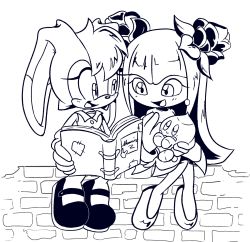 Rule 34 | 2girls, animal nose, bare shoulders, blush, book, brick wall, buttons, chao (sonic), collared dress, cosmo (sonic), cream the rabbit, creature, dress, female focus, flat chest, flower, full body, furry, furry female, gloves, greyscale, hair flower, hair ornament, hand up, happy, highres, holding, holding creature, knees together feet apart, light blush, long hair, looking at another, looking down, looking to the side, monochrome, multiple girls, on wall, open book, open mouth, rabbit ears, rabbit girl, reading, shoes, short hair, sidelocks, sitting, sketch, sleeveless, sleeveless dress, smile, sonic (series), stellarspin, transparent background
